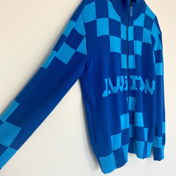Louis Vuitton Sweater Wool Zipup Jacket Blue LV Knit Damier Mens Large Virgil - Picture 5 of 15